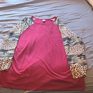 Burgundy Women's Top with Camo and Leopard Sleeves